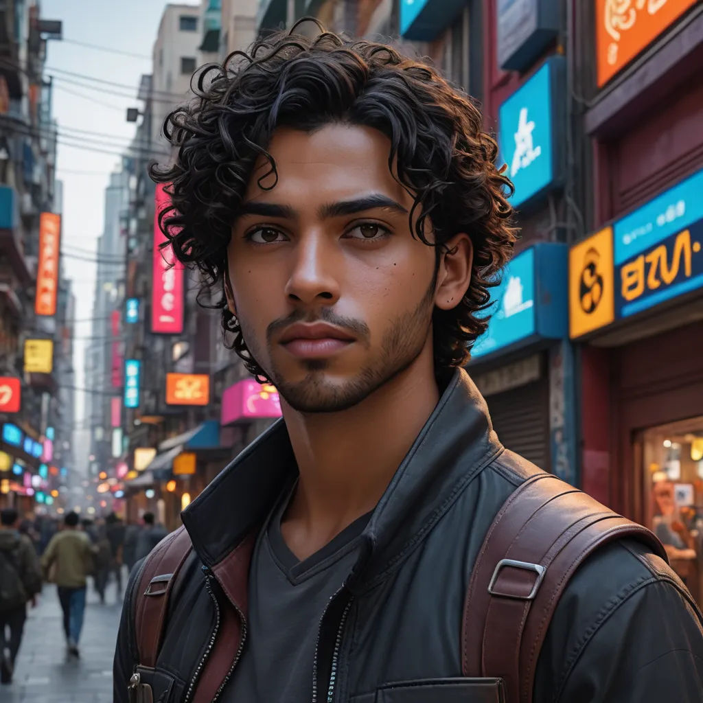 a man with curly hair and a backpack on a city street in a foreign country, looking at the camera, photorealism, a character portrait, Everett Warner, affinity photo