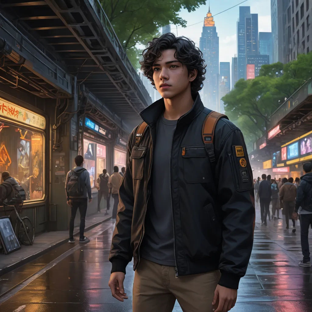 a man standing on a city street in the rain with a backpack on his shoulder and a city in the background, photorealism, a character portrait, David Park, key art