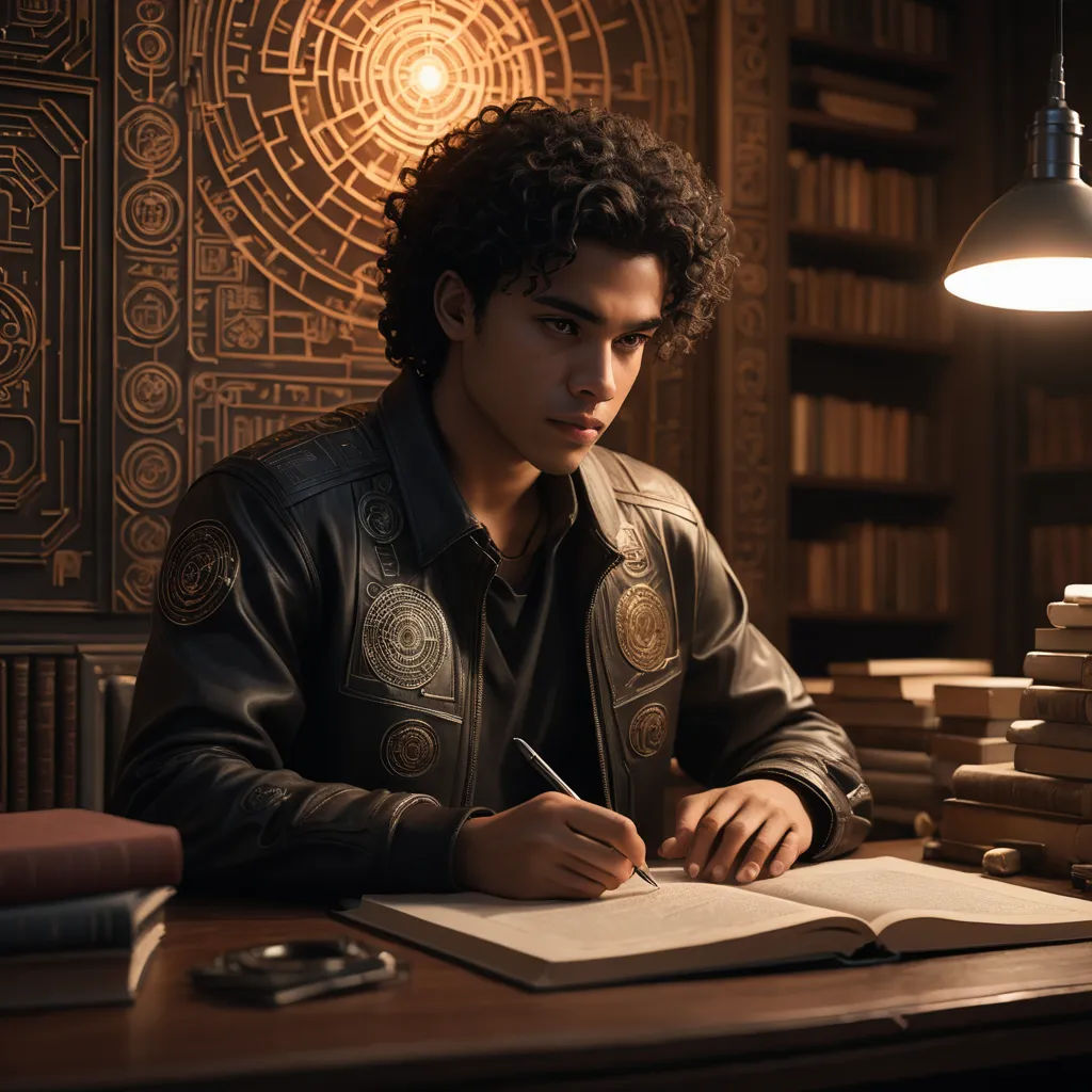 a man sitting at a table with a book and pen in his hand and a stack of books in front of him, academic art, a character portrait, Cedric Seaut (Keos Masons), unreal engine highly rendered