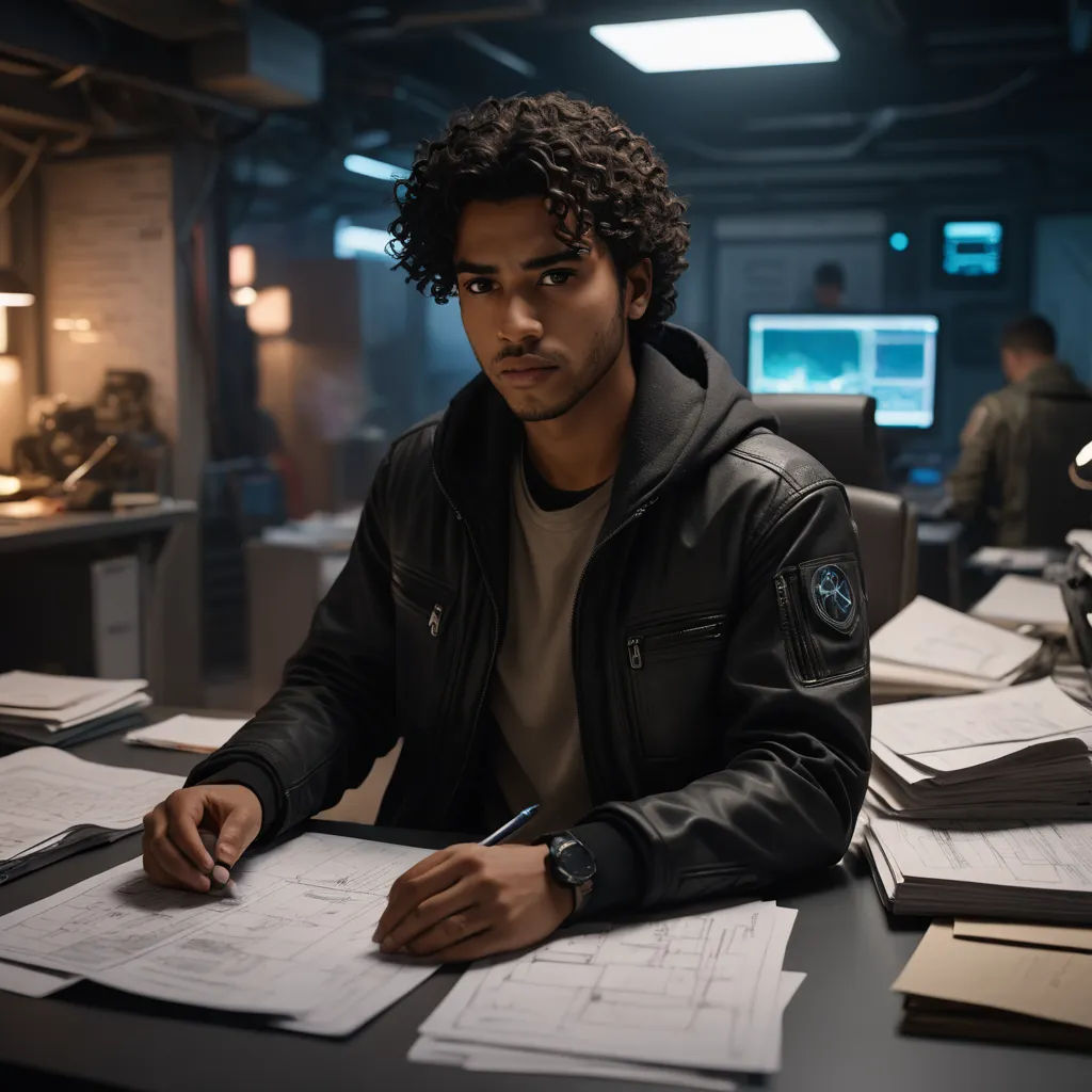 a man sitting at a desk with papers and a laptop computer in the background, with a man in a black jacket sitting at a desk with papers and a computer, tachisme, a character portrait, Everett Warner, promotional image
