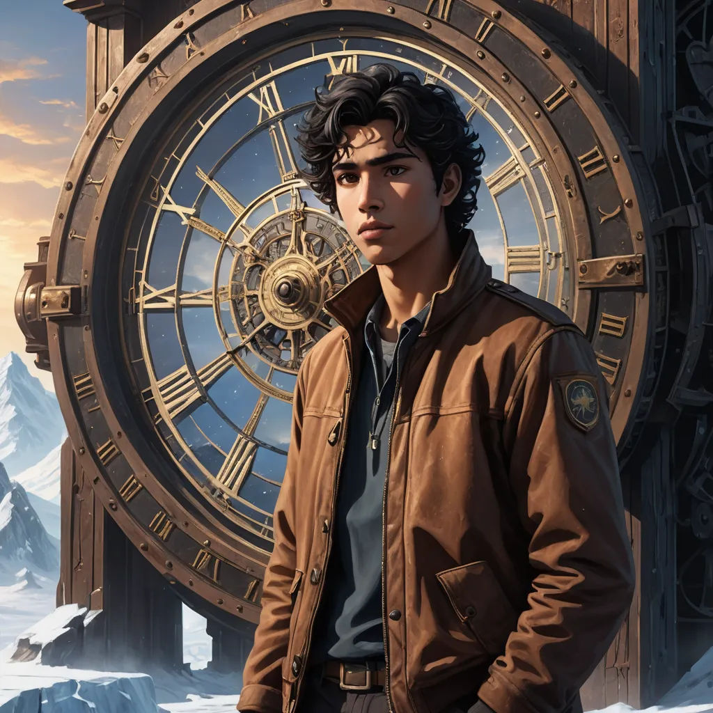 a man standing in front of a clock tower in the snow with a mountain in the background and a sky with clouds, fantasy art, a character portrait, Cedric Seaut (Keos Masons), steampunk