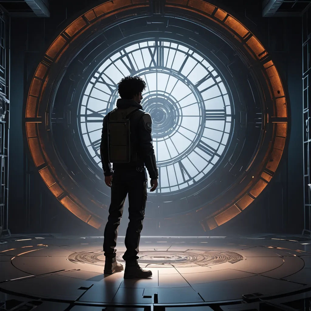 a man standing in front of a large clock in a room with a circular window in it's center, space art, concept art, Cedric Seaut (Keos Masons), promotional image