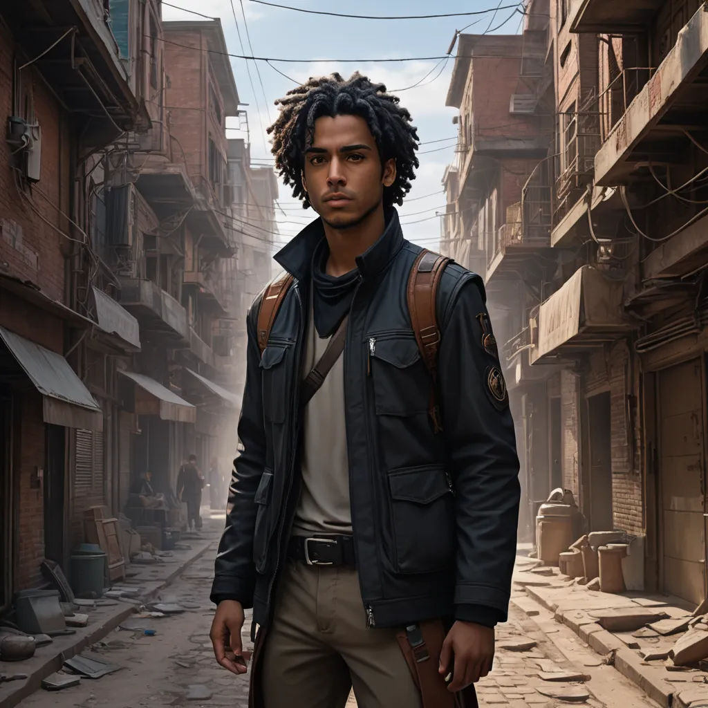 a man with dreadlocks standing in a street in a city with buildings and wires overhead and a man with a backpack on his shoulder, afrofuturism, a character portrait, Christian Hilfgott Brand, tech wear