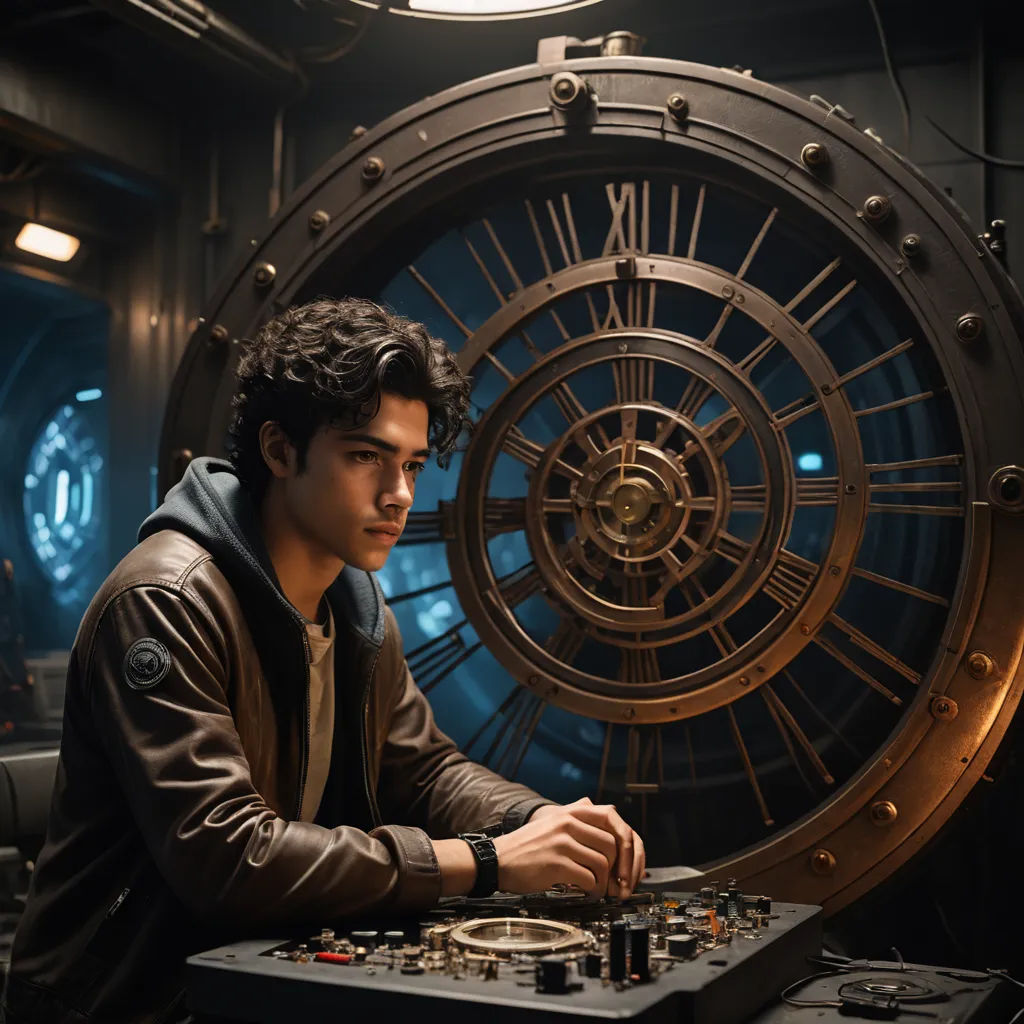 a man sitting at a table with a dj mixer in front of a large clock face in a dark room, private press, a character portrait, Everett Warner, promotional image