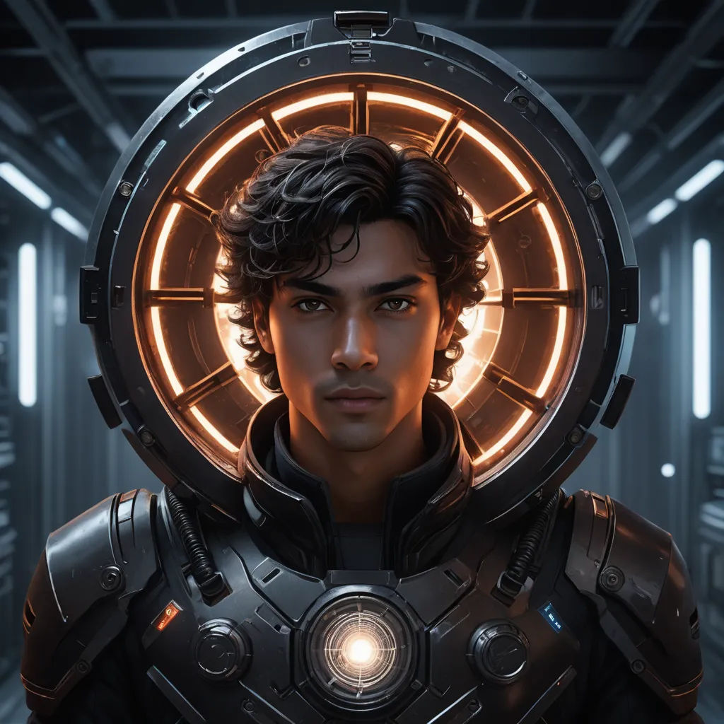a man in a futuristic suit with a glowing halo around his head and a glowing halo around his head, space art, a character portrait, Cedric Peyravernay, rossdraws global illumination