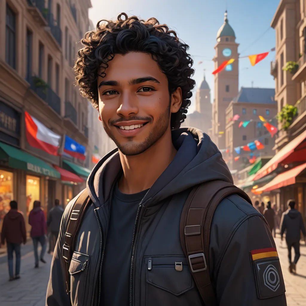 a man with curly hair standing in a street in front of a building with a clock tower in the background, photorealism, a character portrait, Chris LaBrooy, unreal engine highly rendered