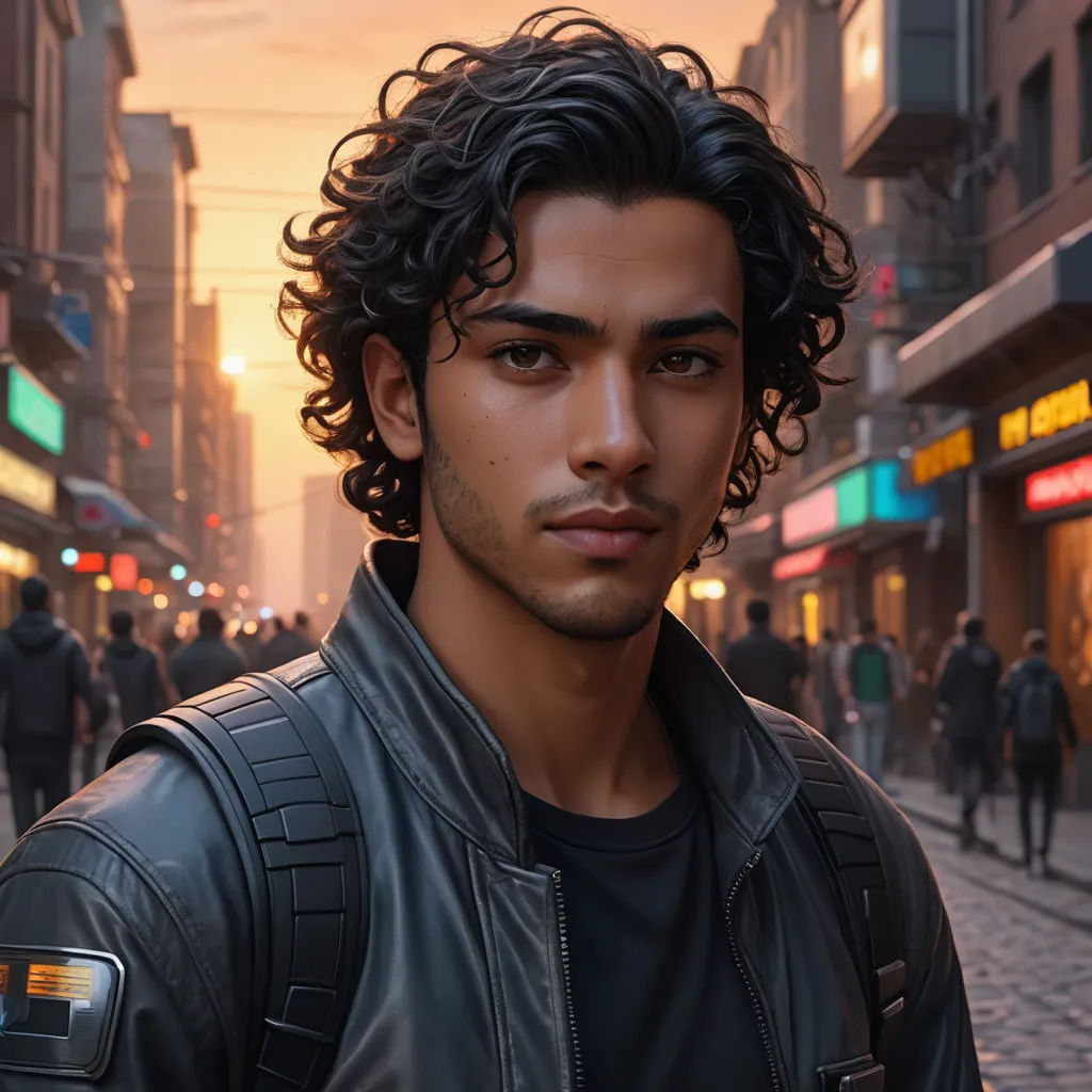 a man with a black jacket on a city street at sunset with a crowd of people walking by him, photorealism, a photorealistic painting, Eddie Mendoza, unreal render