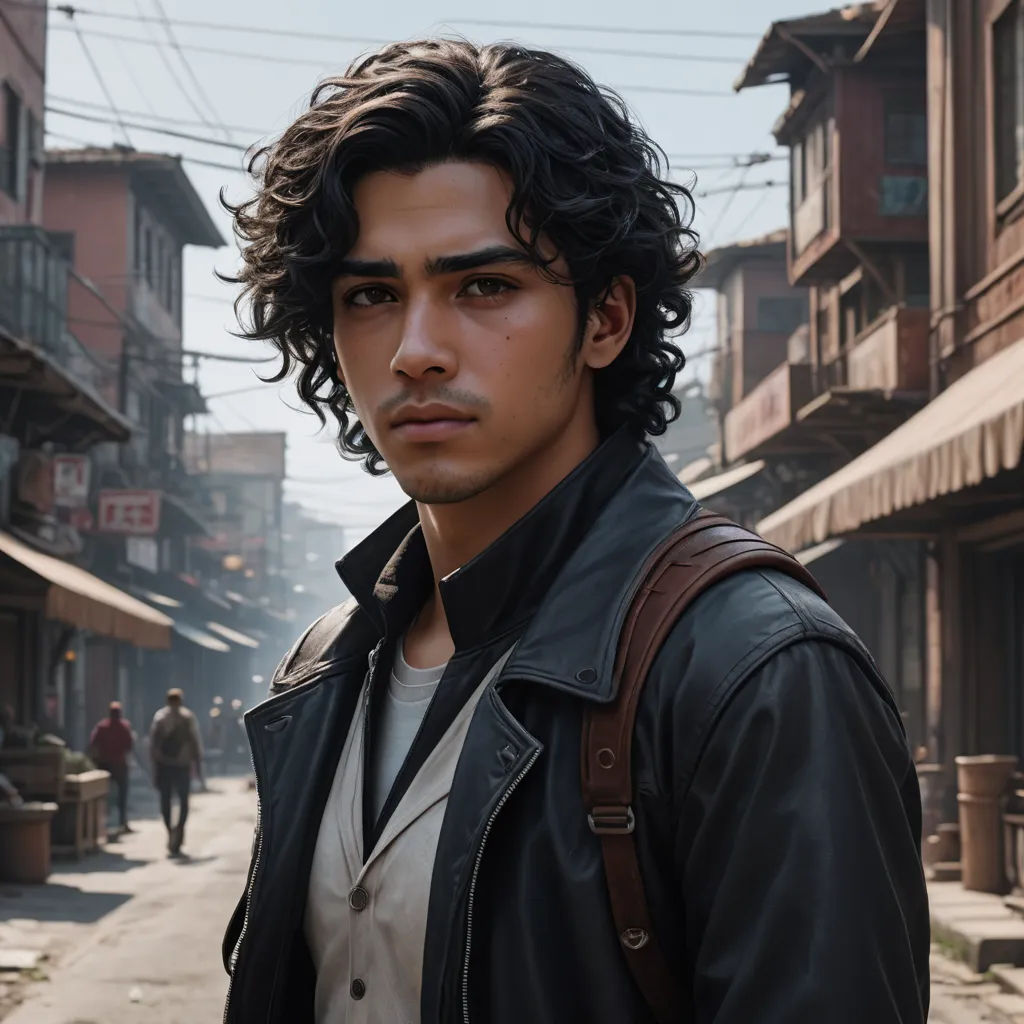 a man with a backpack standing in a street in a city with buildings and people in the background,, photorealism, a character portrait, Everett Warner, promotional image