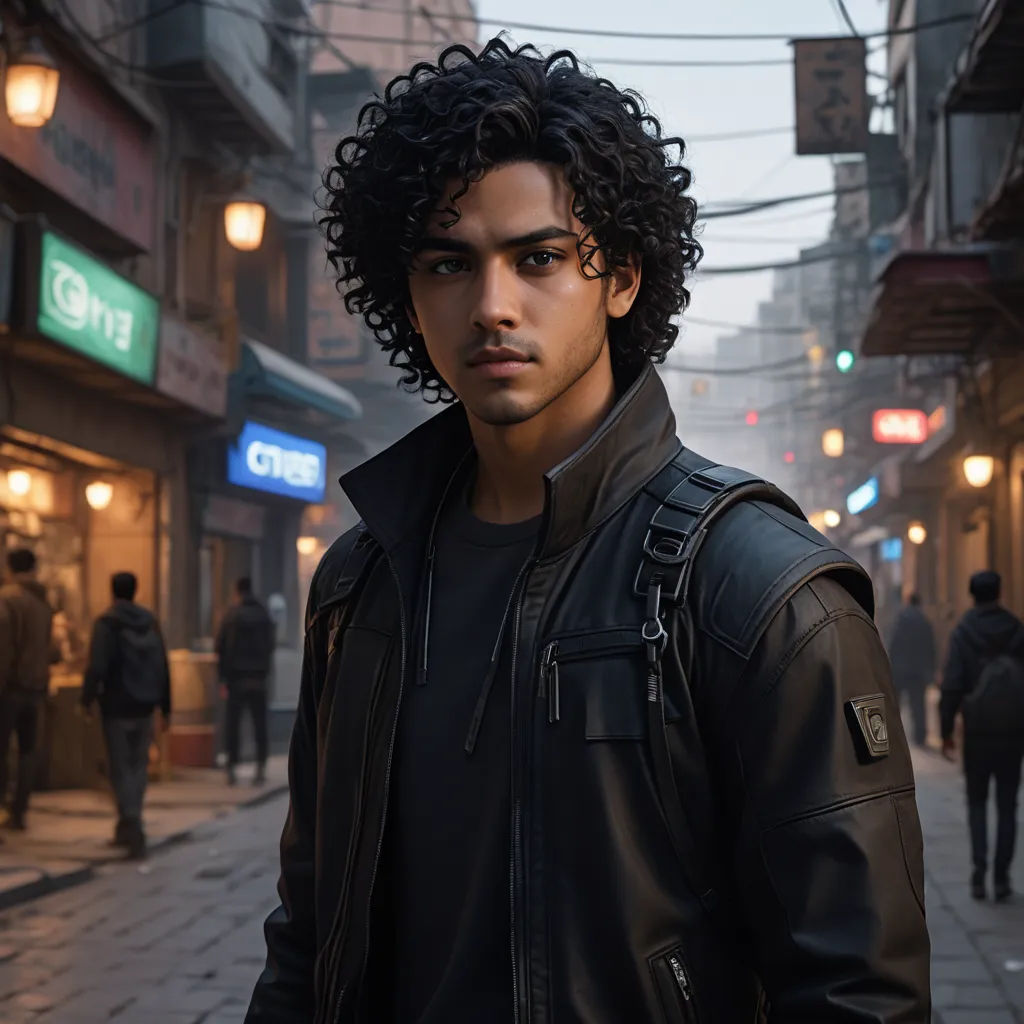 a man with curly hair standing on a street corner in a city at night with people walking around him, samikshavad, a character portrait, Everett Warner, promotional image