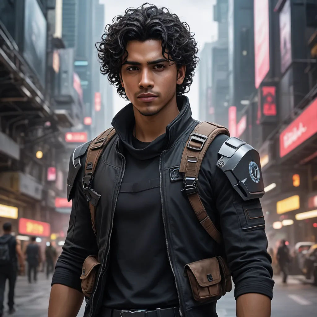 a man in a black shirt and a black jacket and a city street with people and buildings in the background, afrofuturism, a character portrait, Eddie Mendoza, jayison devadas