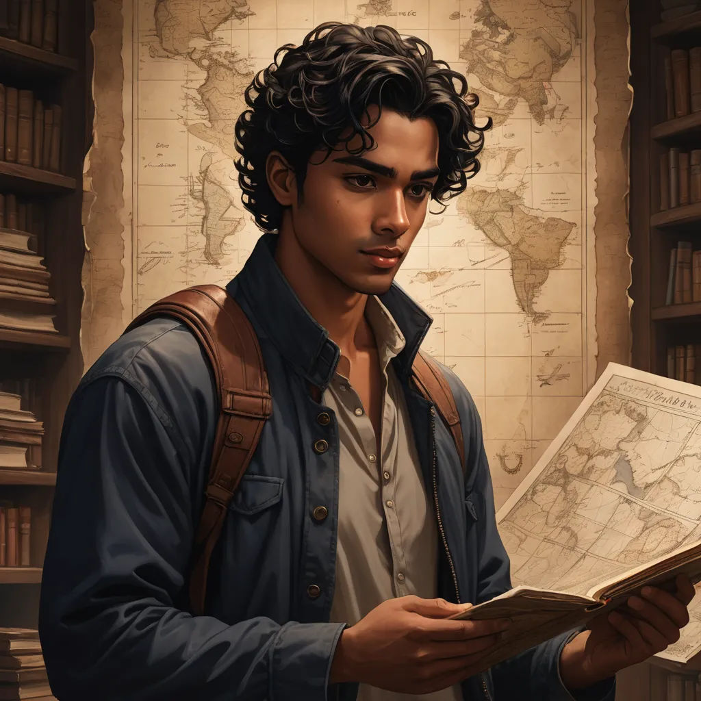 a man reading a map in a library with a backpack on his shoulder and a backpack on his shoulder, fantasy art, a character portrait, Cedric Seaut (Keos Masons), mars ravelo and greg rutkowski