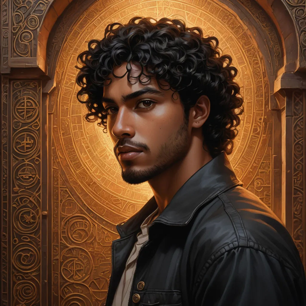 a man with curly hair and a beard wearing a black jacket and a brown shirt is standing in front of a golden background, fantasy art, a character portrait, Cedric Seaut (Keos Masons), epic fantasy character art