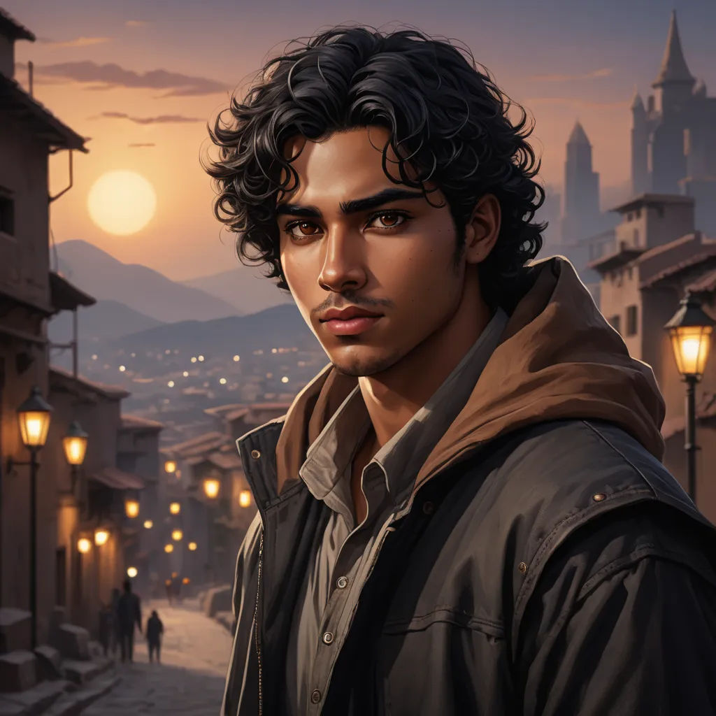 a man standing in front of a street with a sunset in the background and a cityscape in the background, serial art, a character portrait, Cedric Seaut (Keos Masons), character portrait
