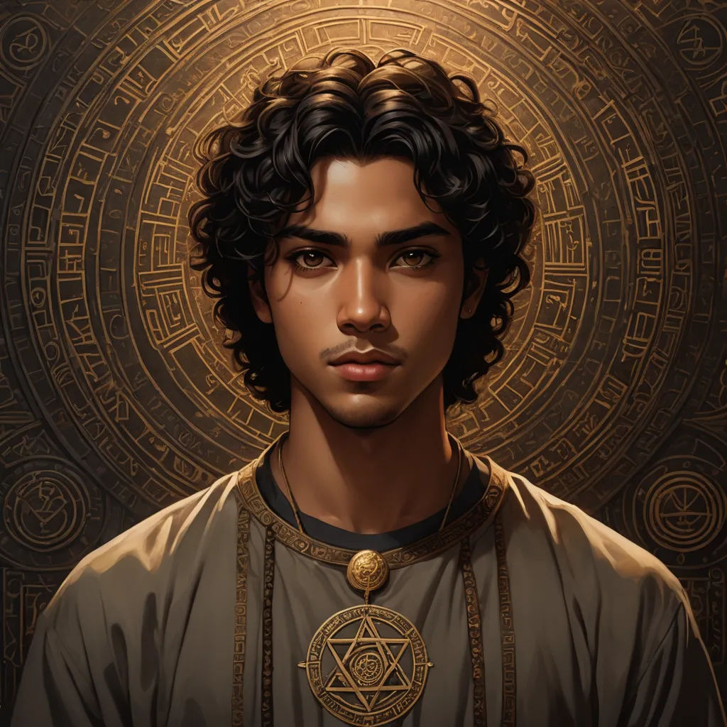 a man with a necklace and a pentagramil on his neck and shoulder, standing in front of a golden background, fantasy art, a character portrait, Cedric Seaut (Keos Masons), character portrait