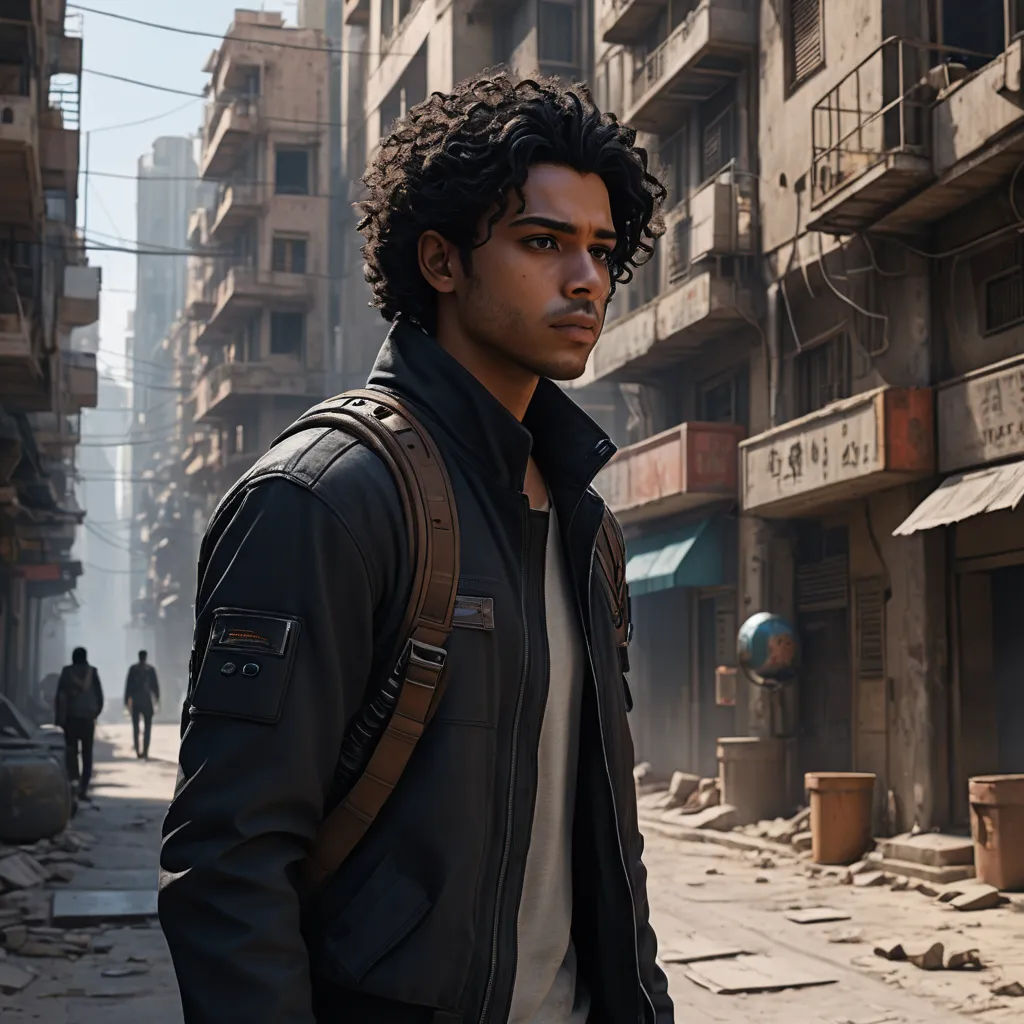 a man standing in a street in a city with buildings in the background and a man with a backpack on his shoulder, photorealism, a character portrait, Ahmed Karahisari, unreal engine highly rendered
