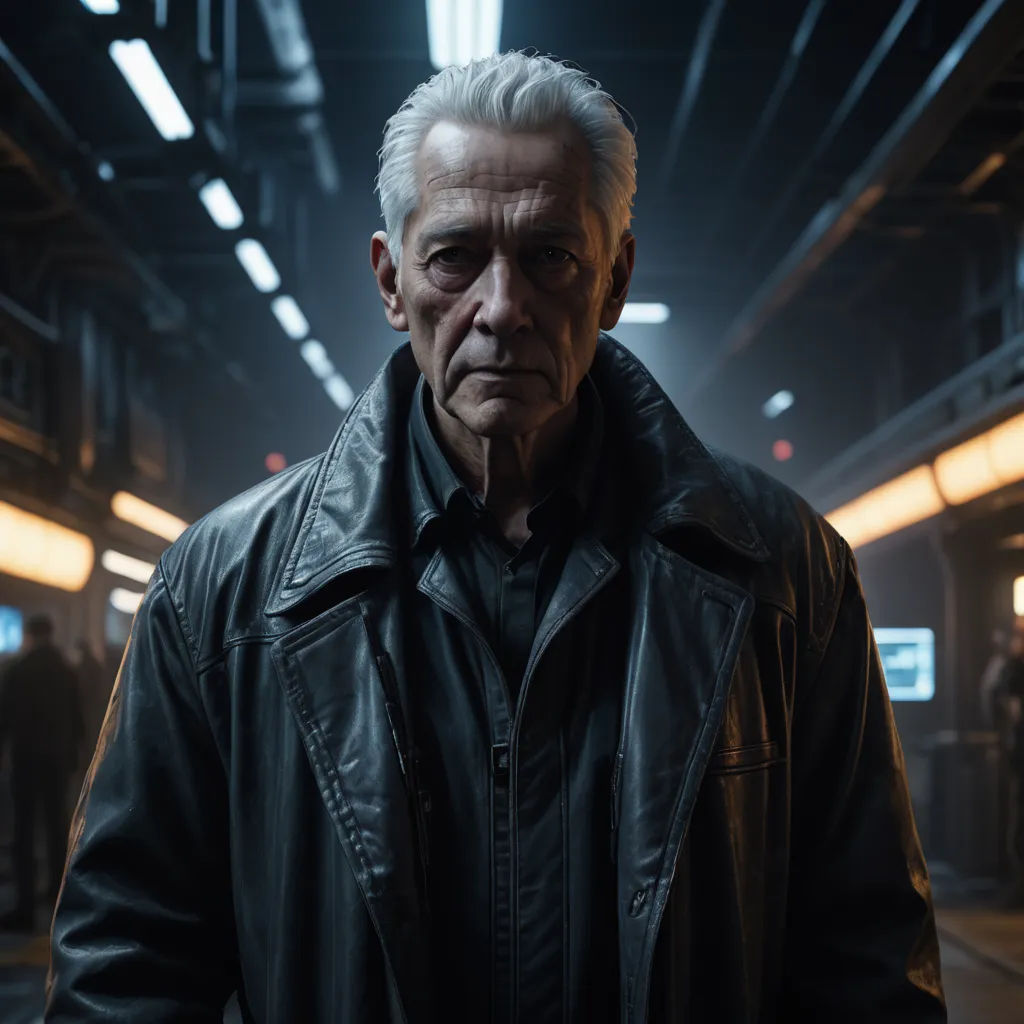 a man in a black jacket standing in a dark room with a neon light on the ceiling and a man in a black jacket standing in the background, neo-figurative, a character portrait, Edward Simmons, vfx