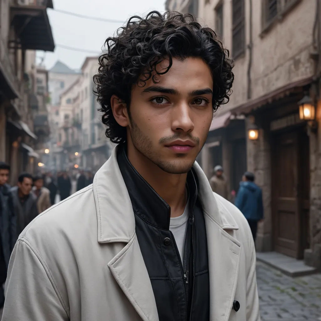 a man with curly hair standing in a street in a city with people walking around him and a building in the background, aestheticism, a character portrait, Diego Giacometti, promotional image