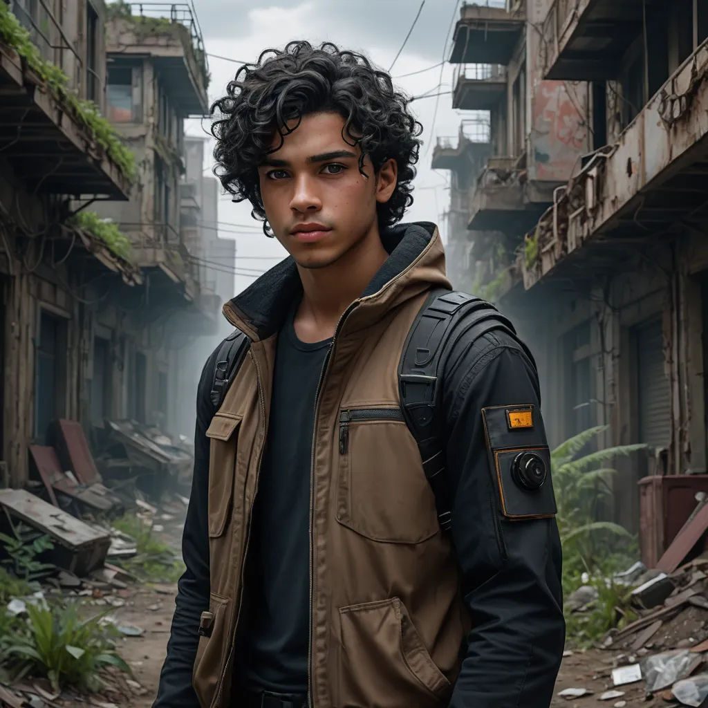 a man standing in a dirty alley way with a jacket on and a backpack on his back and a building in the background, afrofuturism, a character portrait, Everett Warner, post apocalyptic