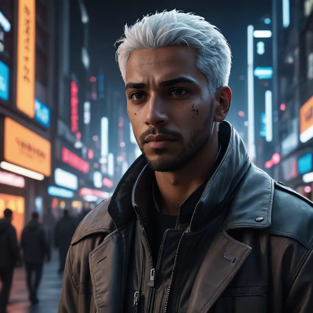 a man with white hair and a black jacket in a city at night with neon lights and people walking around, photorealism, a character portrait, Cedric Peyravernay, unreal engine highly rendered