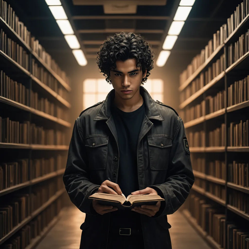 a man standing in a library holding a book in his hands and looking at the camera with a serious look on his face, tachisme, a character portrait, Everett Warner, promotional image