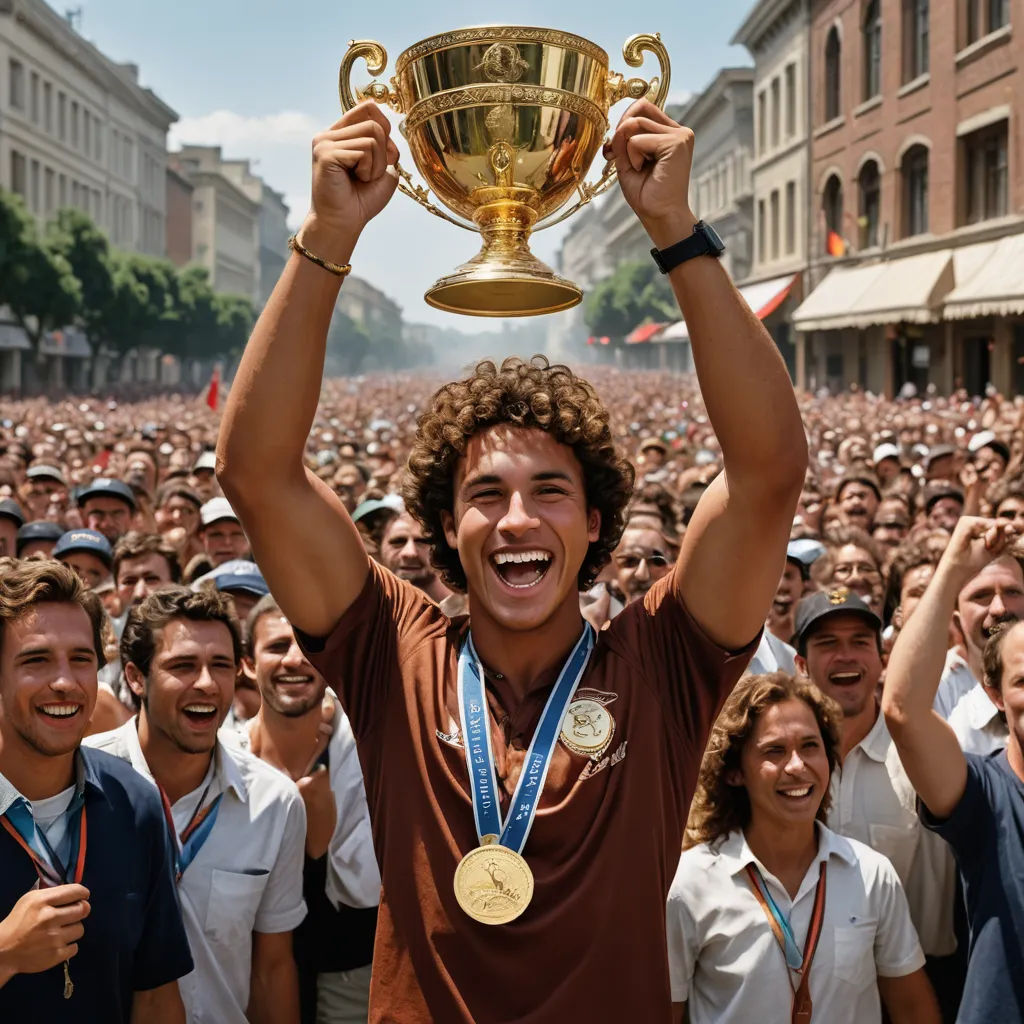 a man holding a trophy in front of a crowd of people in a city square with a gold trophy, viennese actionism, a photo, Emiliano Ponzi, award-winning photograph