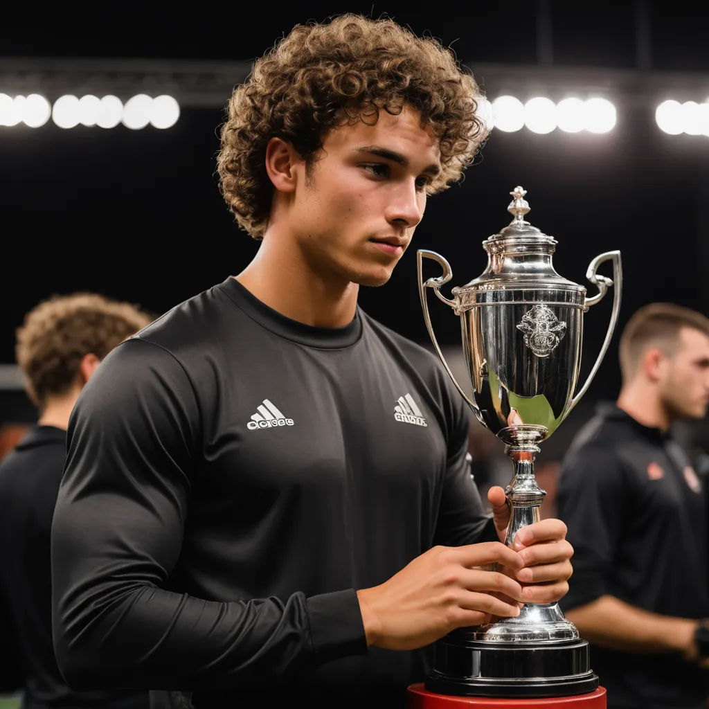 a man holding a trophy in his hands while wearing a black shirt and black pants with a green stripe, aestheticism, a renaissance painting, Anthony Angarola, kai carpenter