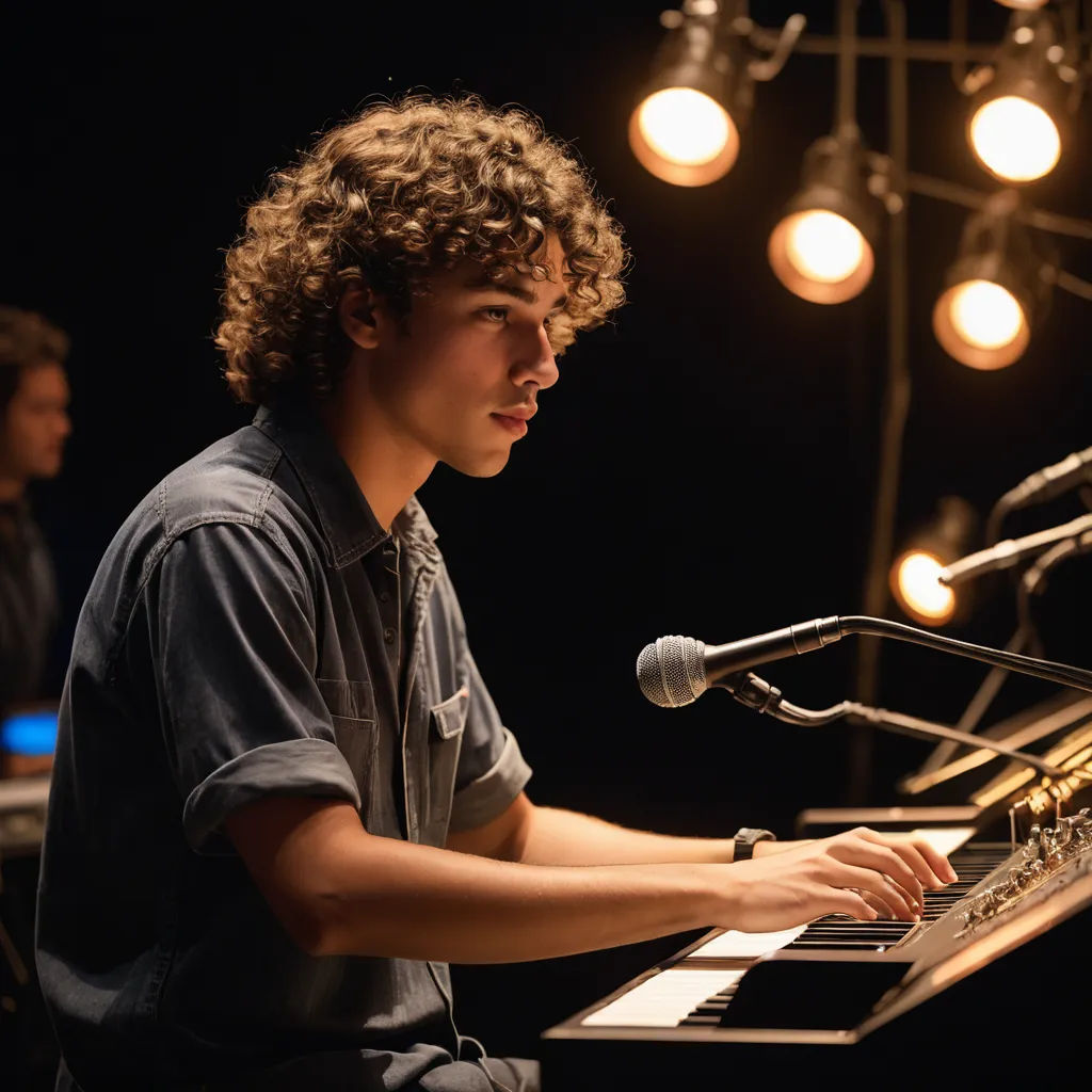 a young man playing a piano in front of a microphone and microphone stand with lights on the ceiling behind him, barbizon school, a renaissance painting, David Annand, promotional image