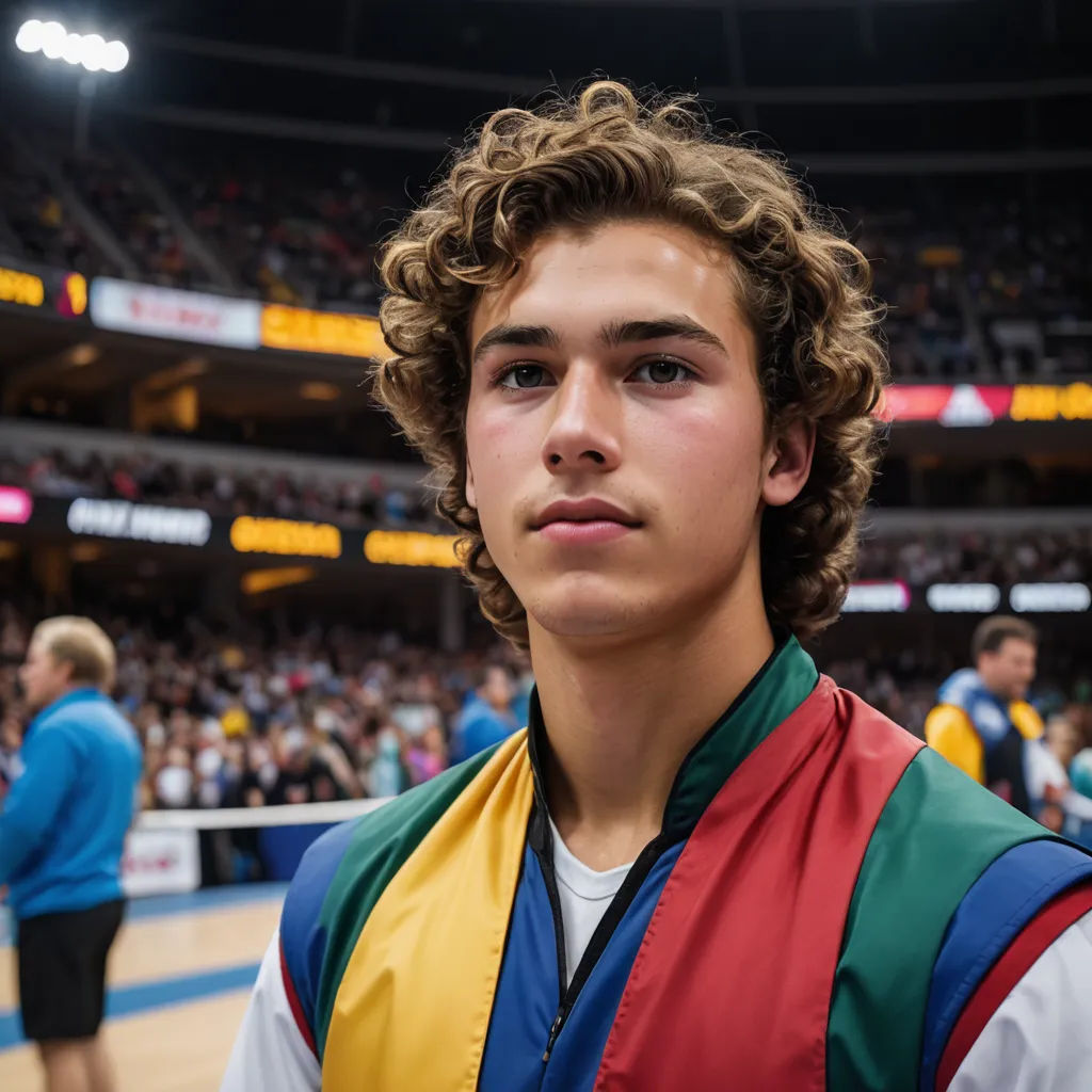 a young man with curly hair wearing a vest and standing in front of a crowd of people at a basketball game, color field, a character portrait, Ben Zoeller, kai carpenter