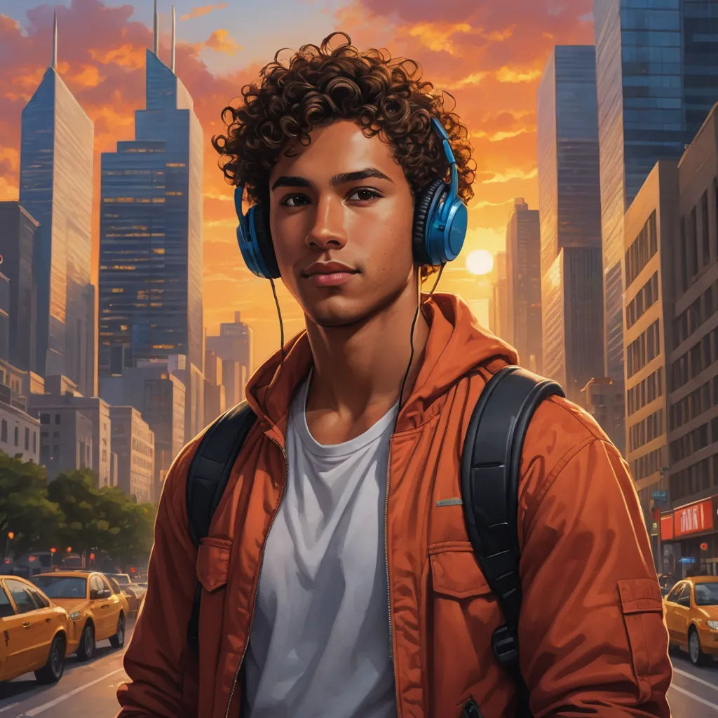 a man with headphones on standing in front of a cityscape at sunset with a sunset in the background, american scene painting, a character portrait, Aaron Jasinski, key art