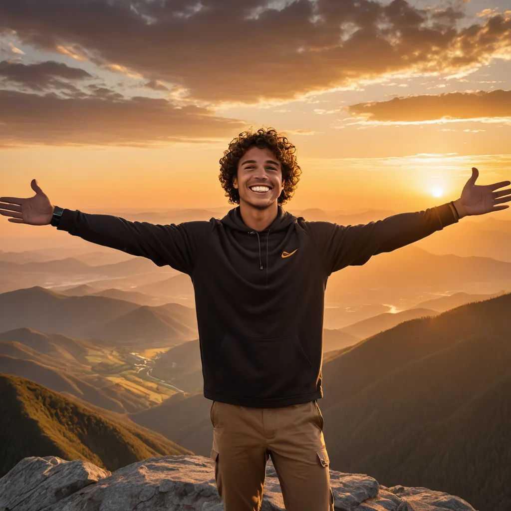 a man standing on top of a mountain with his arms outstretched in the air and his hands out to the side, rayonism, a stock photo, Andrey Esionov, portrait photography