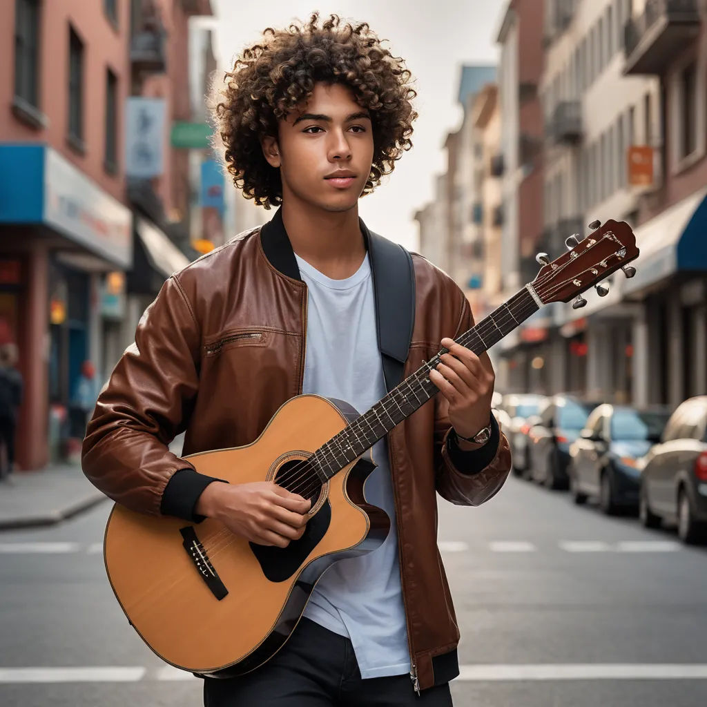 a man with a guitar on a city street in a brown jacket and white shirt is holding a guitar, barbizon school, a stock photo, Adam Dario Keel, kai carpenter