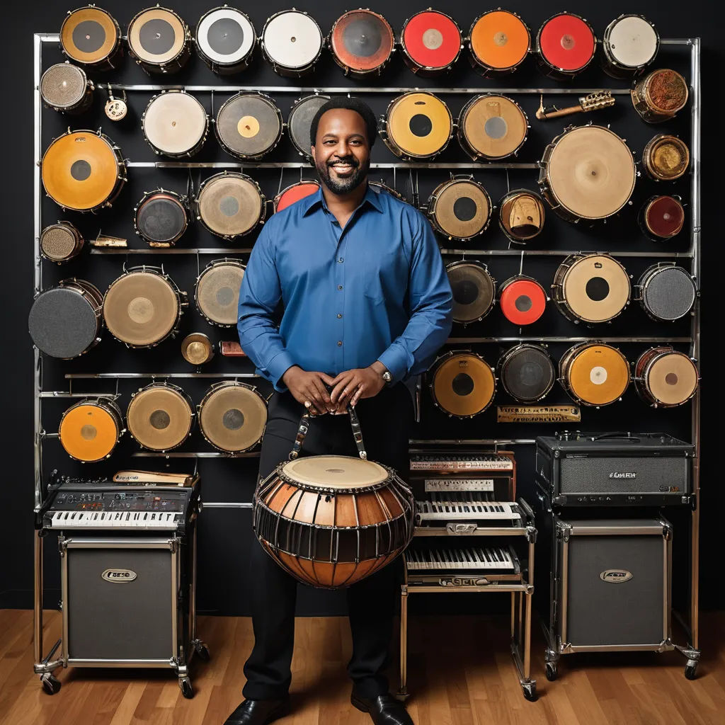 a man standing in front of a wall of musical instruments and a drum case with a blue shirt on, black arts movement, a character portrait, Derold Page, studio portrait