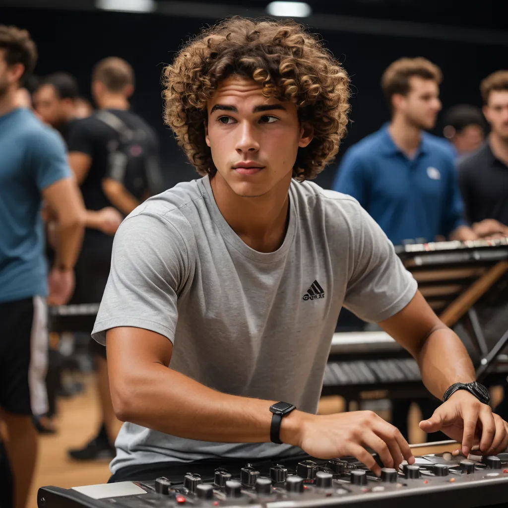 a man with curly hair playing a keyboard in a music studio with other people in the background wearing headphones, renaissance, a renaissance painting, Anthony Angarola, kai carpenter