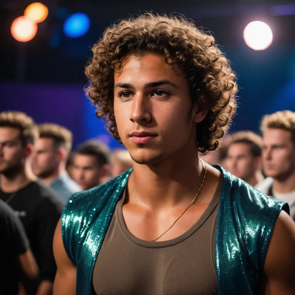 a man with a green vest standing in front of a crowd of people in a dark room with lights, kitsch movement, a renaissance painting, Anthony Angarola, promotional image