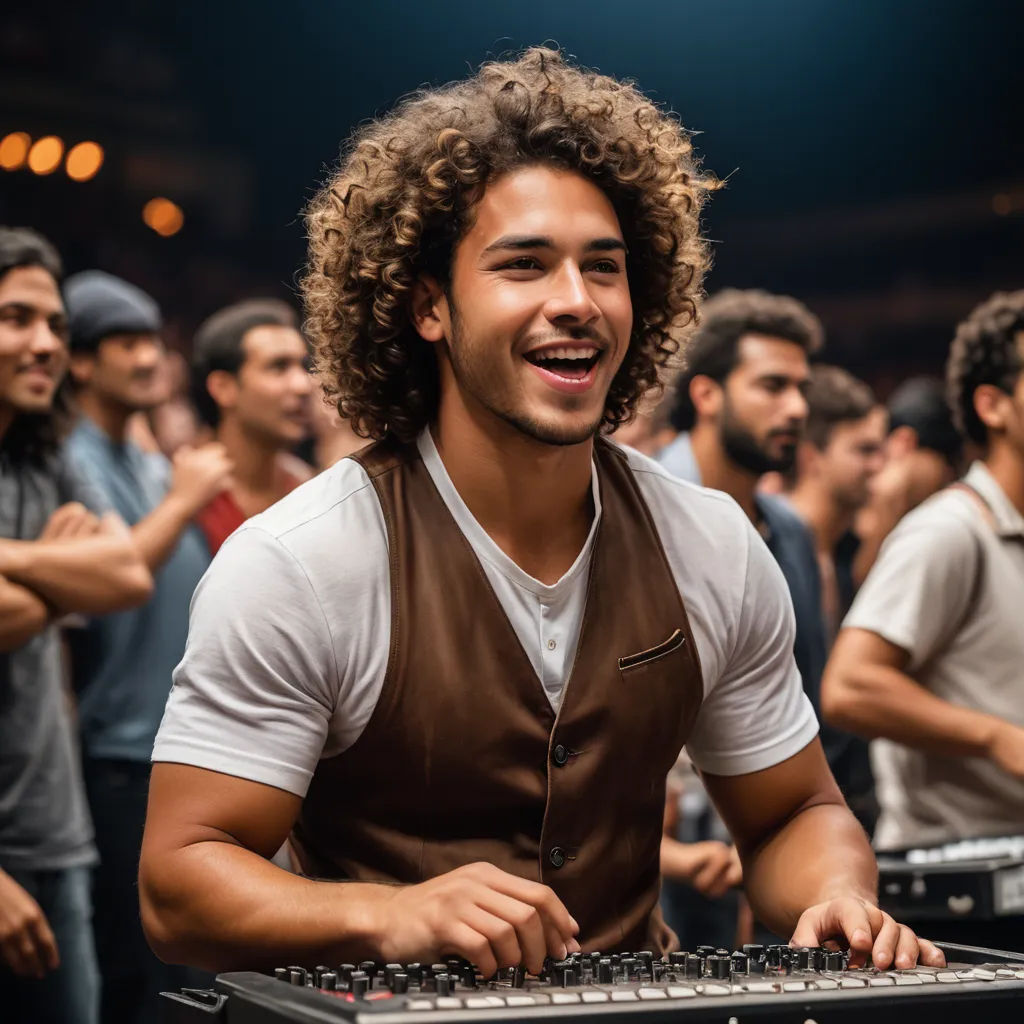 a man with a beard and a vest on playing a keyboard in front of a crowd of people at a concert, naturalism, a character portrait, Bryan Organ, promotional image