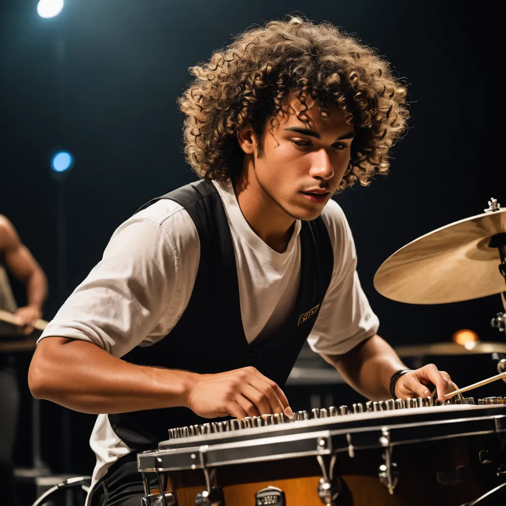 a man playing a musical instrument on stage with other musicians in the background at night time, with a spotlight on the drum set, black arts movement, a flemish Baroque, Antoine Verney-Carron, kai carpenter