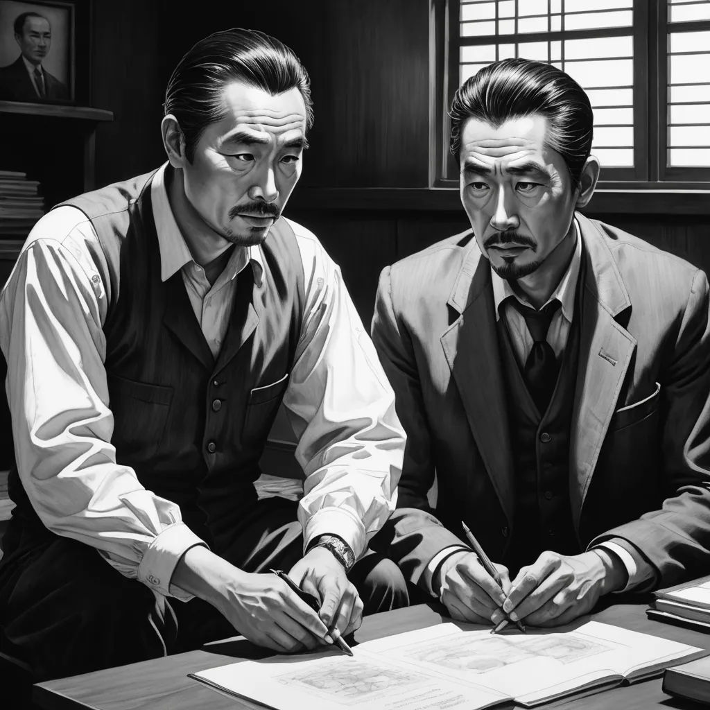 two men sitting at a desk with papers and pens in their hands, one of them is writing on a piece of paper, photorealism, an ultrafine detailed painting, Eizan Kikukawa, matte drawing