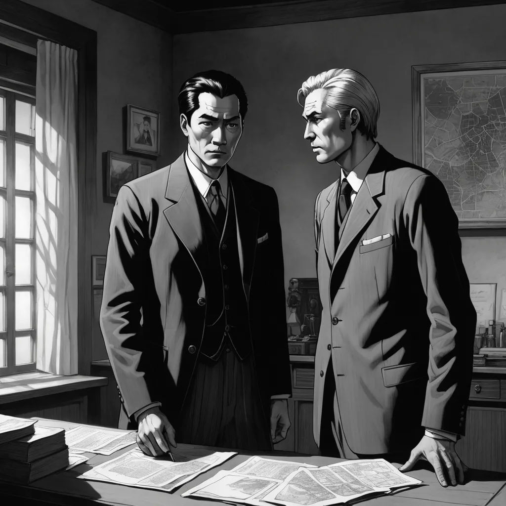 two men in suits stand in front of a table with papers on it and look at each other in a room, sōsaku hanga, a comic book panel, Eizan Kikukawa, yusuke murata