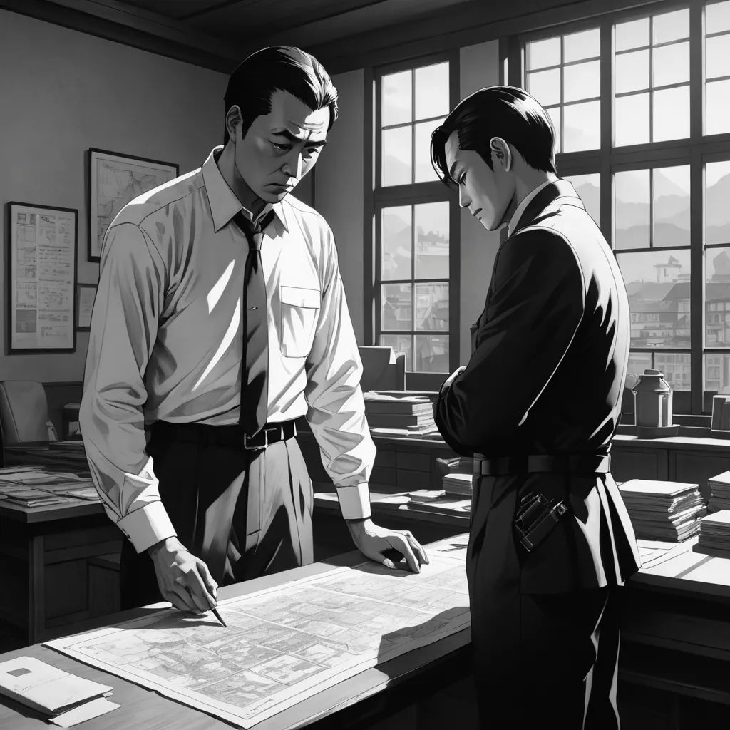 a man and a woman standing in a room with a desk and a window looking at a map and a pen, serial art, a comic book panel, David Park, noir