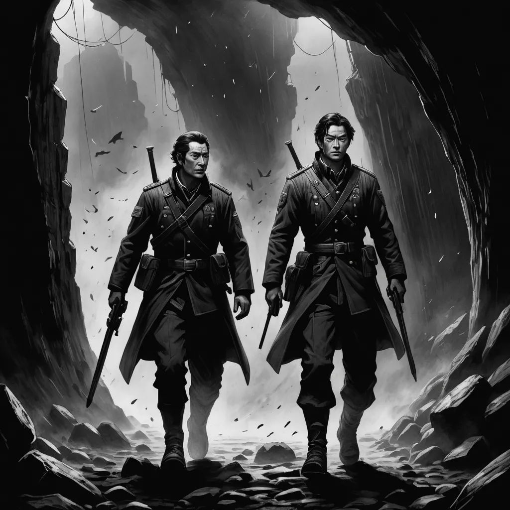 two men in uniforms are walking through a cave with swords in their hands and two of them are facing away, antipodeans, concept art, Dirk Crabeth, mars ravelo and greg rutkowski