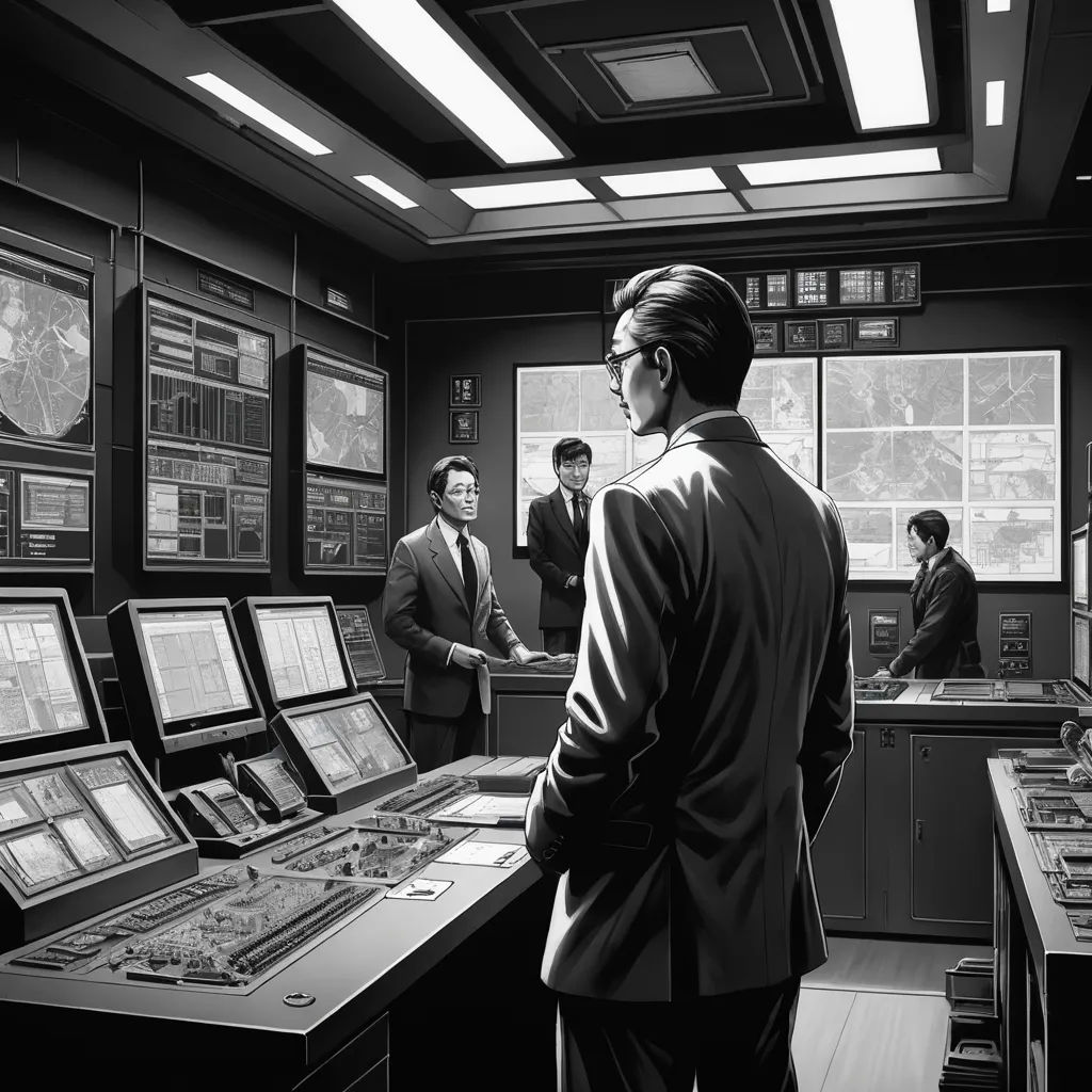a man in a suit standing in front of a control room with monitors and other equipment on the wall, serial art, an ultrafine detailed painting, Choi Buk, laurie greasley