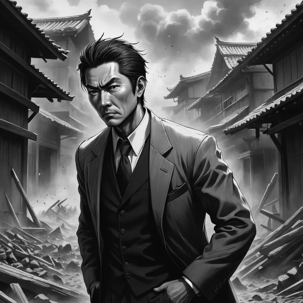 a man in a suit and tie standing in front of a building with a sky background and a train track, sōsaku hanga, a manga drawing, Eizan Kikukawa, yusuke murata