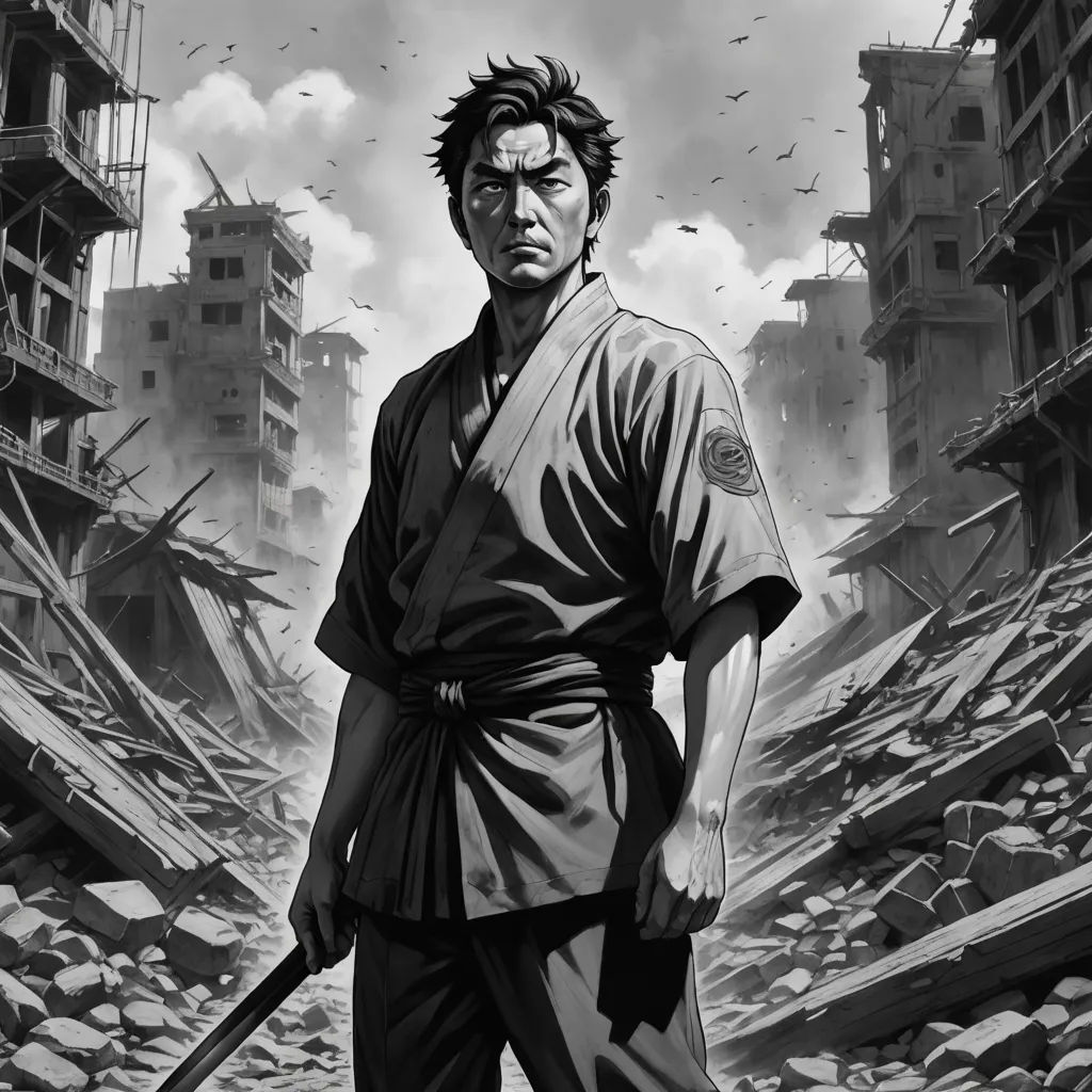 a man in a kimono standing in a destroyed city with a sword in his hand and a bird flying overhead, context art, a manga drawing, Baiōken Eishun, yukito kishiro
