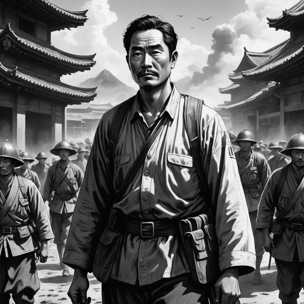 a man in a military uniform standing in front of a building with a lot of people in the background, serial art, a detailed matte painting, Eizan Kikukawa, official art