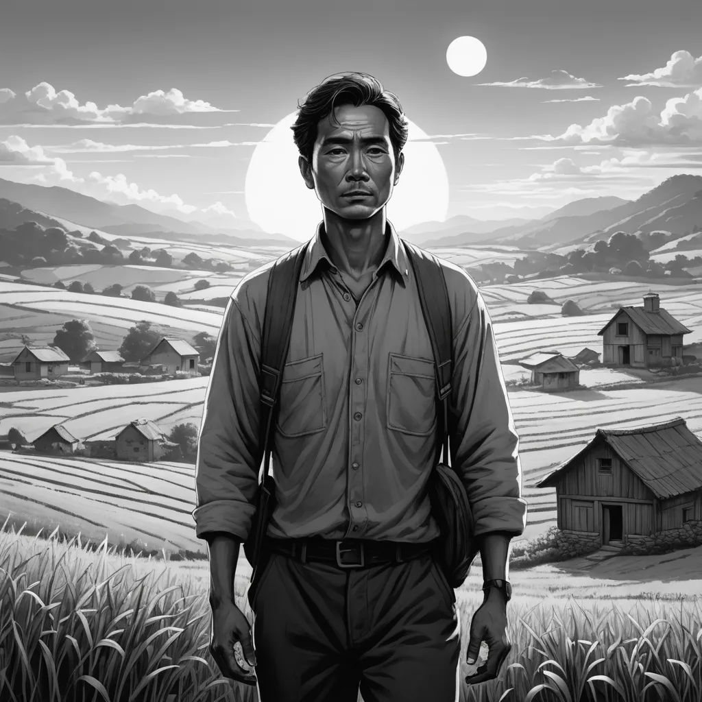 a man standing in front of a field with a full moon in the background and a farm field in the foreground, serial art, a character portrait, Choi Buk, kim jung gi