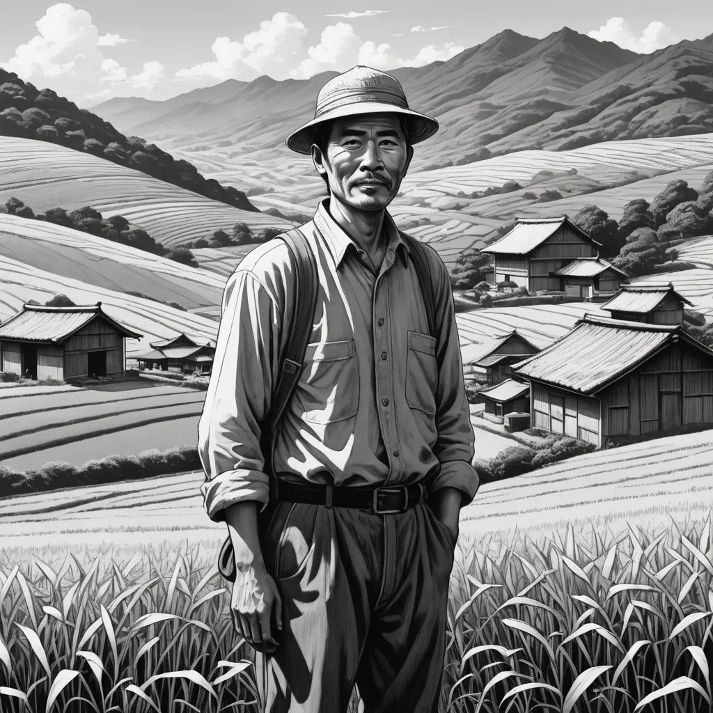 a man standing in a field of wheat with a mountain in the background and a farm in the foreground, serial art, a storybook illustration, Akira Toriyama, kim jung gi