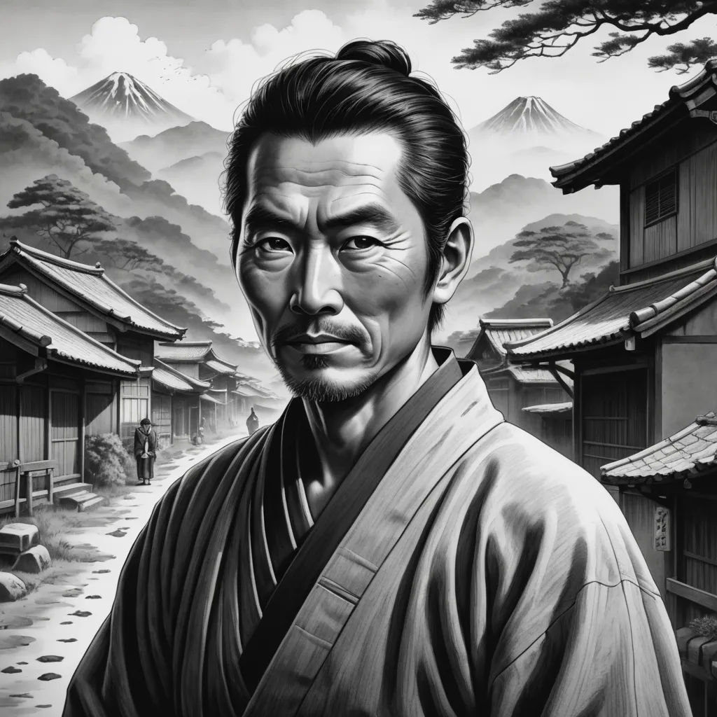 a man in a kimono standing in front of a mountain range with a pagoda in the background and a man in the foreground, shin hanga, an ultrafine detailed painting, Eizan Kikukawa, yusuke murata