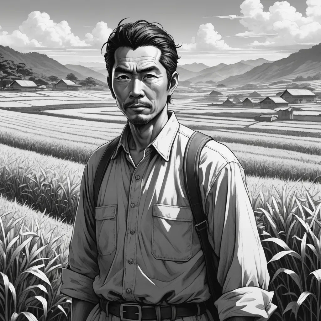 a man standing in a field of wheat with a mountain in the background and a sky with clouds above, serial art, a character portrait, Eizan Kikukawa, kim jung gi