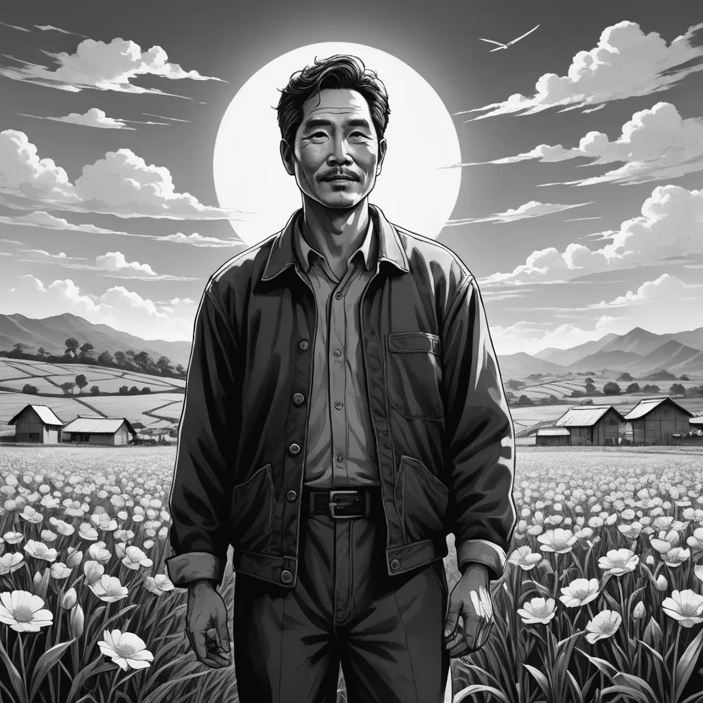 a man standing in a field of flowers with a bird flying overhead in the sky above him and a full moon in the background, serial art, a character portrait, Choi Buk, kim jung gi