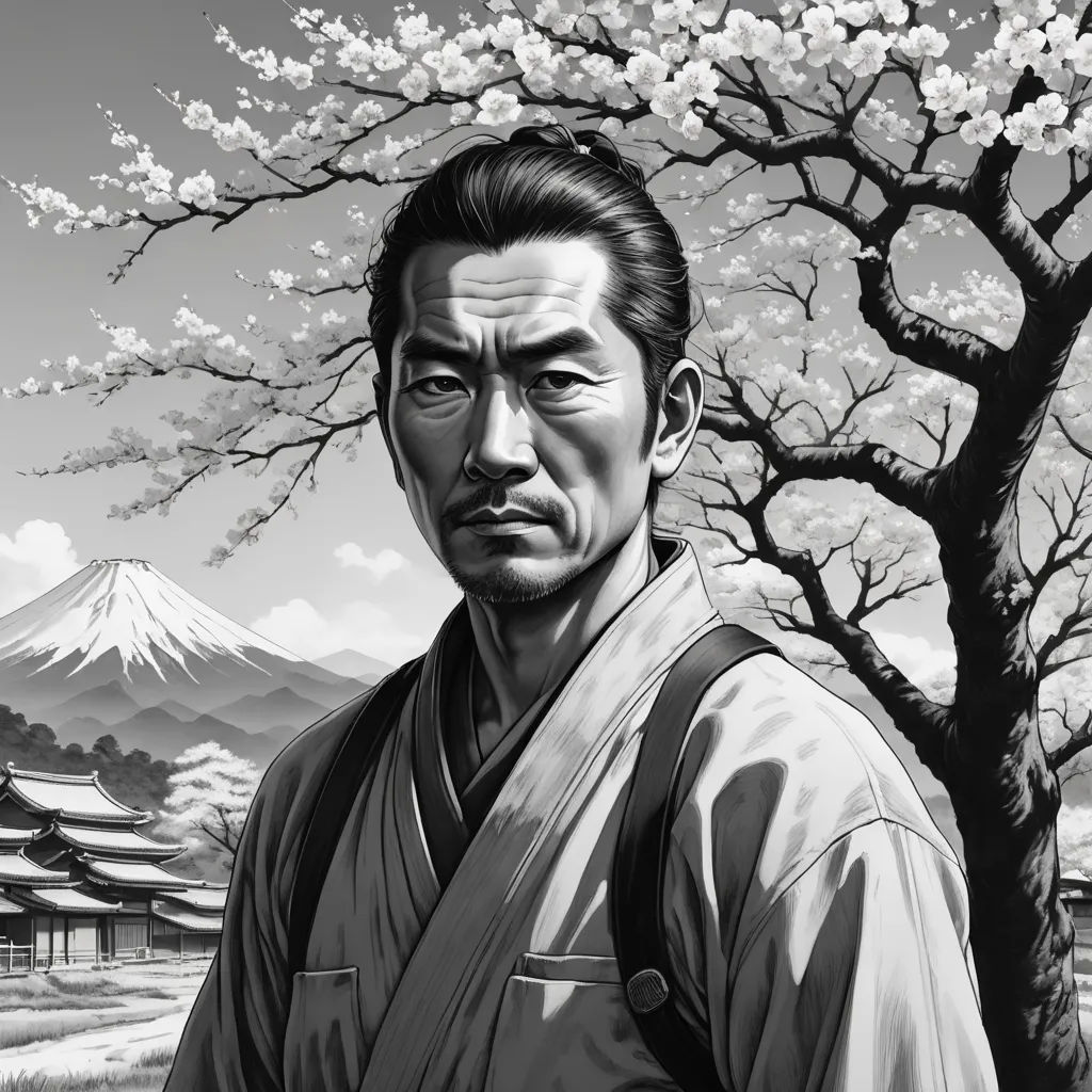 a man standing in front of a tree with a mountain in the background and a cherry blossom tree in the foreground, ukiyo-e, an ultrafine detailed painting, Eizan Kikukawa, yusuke murata